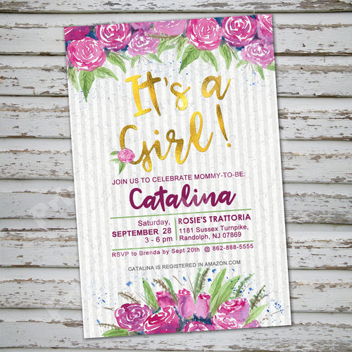 BABY SHOWER FLOWERS WATERCOLOR INVITATION- It's A Girl! - Baby Shower party – Digital file