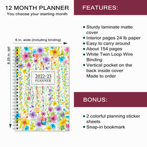 2022-23 PLANNER AGENDA FLOWER RAIN Artwork, A5 Planner, 12 Month Weekly Layout Planner, Choose your starting month, Stickers & Bookmark