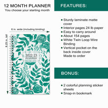 2022-23 PLANNER AGENDA TEAL Roses Artwork, A5 Planner, 12 Month Weekly Layout Planner, Choose your starting month, Stickers & Bookmark