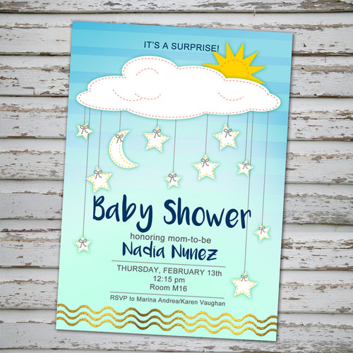 BABY SHOWER CLOUDS, STARS & MOON INVITATION- Surprise Party! - Baby Shower party – Digital file