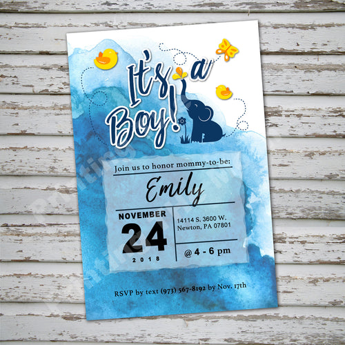 BABY SHOWER ELEPHANT WATERCOLOR INVITATION- It's A Boy! - Baby Shower party – Digital file