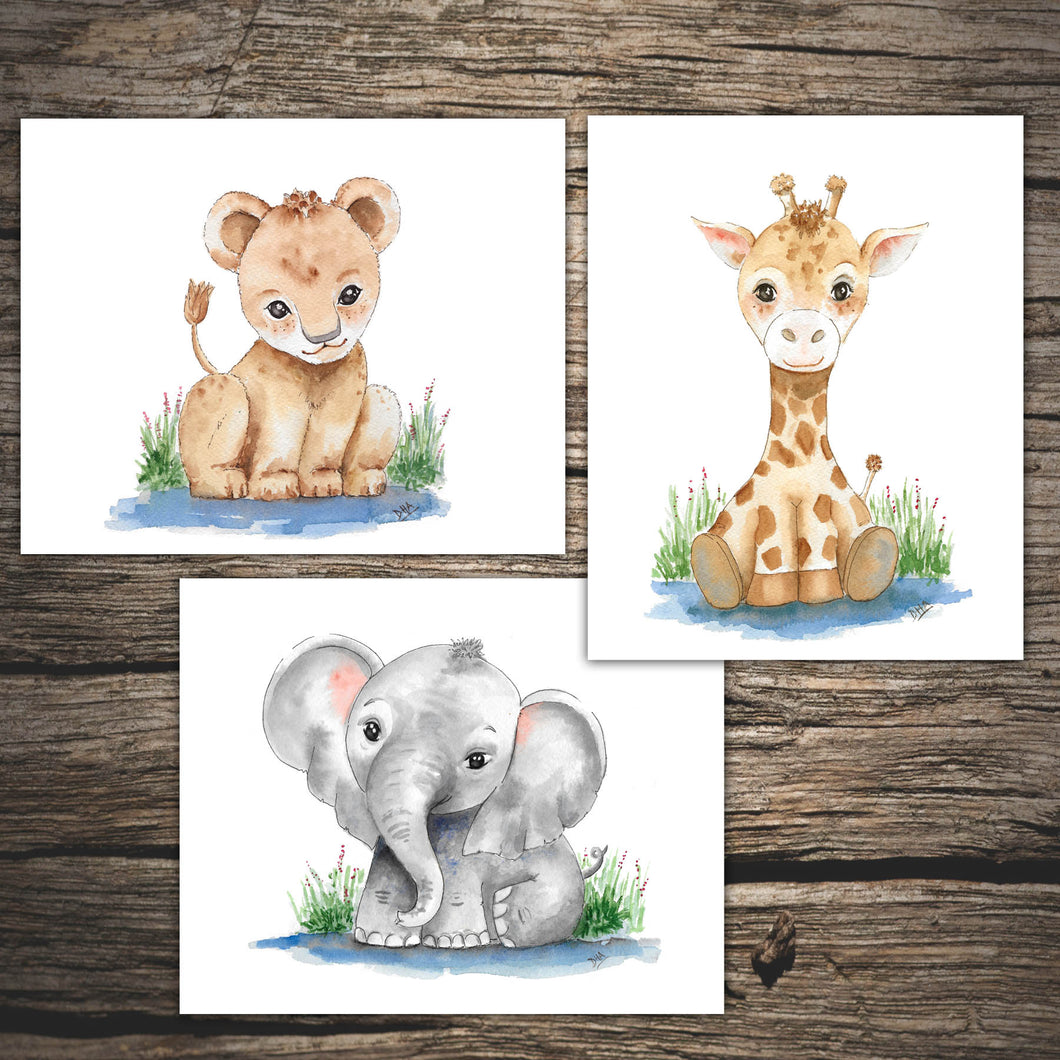 WATERCOLOR SAFARI ANIMALS - Nursery Art Prints - Baby Elephant - Baby Giraffe - Baby Lion