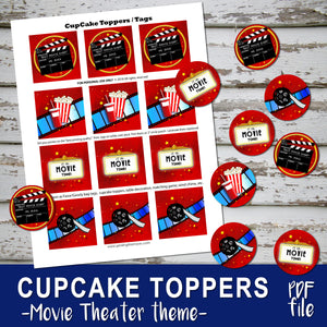 MOVIE THEATER - Birthday CUPCAKE TOPPERS - Movies Cinema party – Digital file