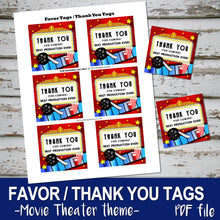 MOVIE THEATER - Birthday FAVOR TAG / THANK YOU CARD - Movies Cinema party – Digital file