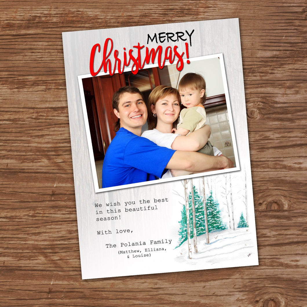 MERRY CHRISTMAS PERSONALIZED CARD- WATERCOLOR WINTER - Digital File -