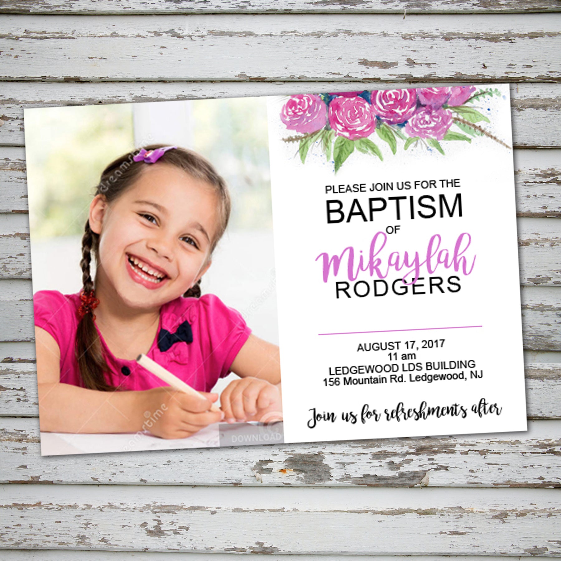 LDS BAPTISM INVITATION - FLOWERS Style –Religious Event- Digital file – Printing The Moon for Free Printable Lds Baptism Invitations