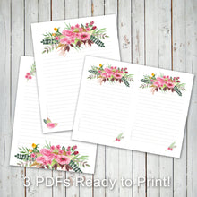 PRINTABLE LETTER WRITING SHEETS - Pink Flower Bouquet - Personal letter writing -Instant Download