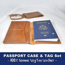 PASSPORT HOLDER & LUGGAGE TAG SET - VEGTAN LEATHER - Handmade in USA - 100% Leather