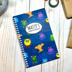 CUTE KIDS MONSTERS CUSTOMIZED SKETCHBOOK Journal - Cute Kids' Monsters Cover with Name- Wire Binding - Doodle & Drawings Notebook Sketchbook