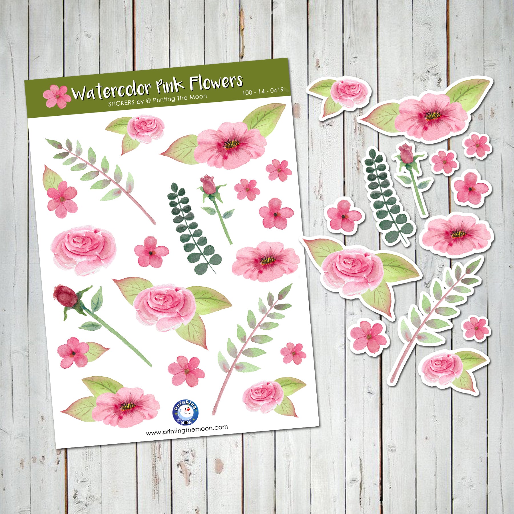 WATERCOLOR PINK FLOWERS STICKER SHEET - Scrapbook and Planner Sticker –  Printing The Moon