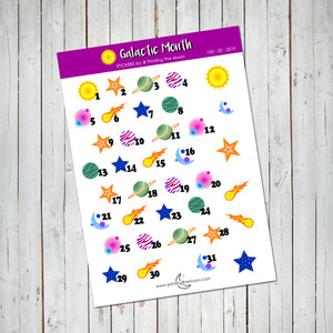 PLANETS & SPACE MONTHLY DATES - STICKER SHEET - Scrapbook and Planner Sticker Set - Stickers