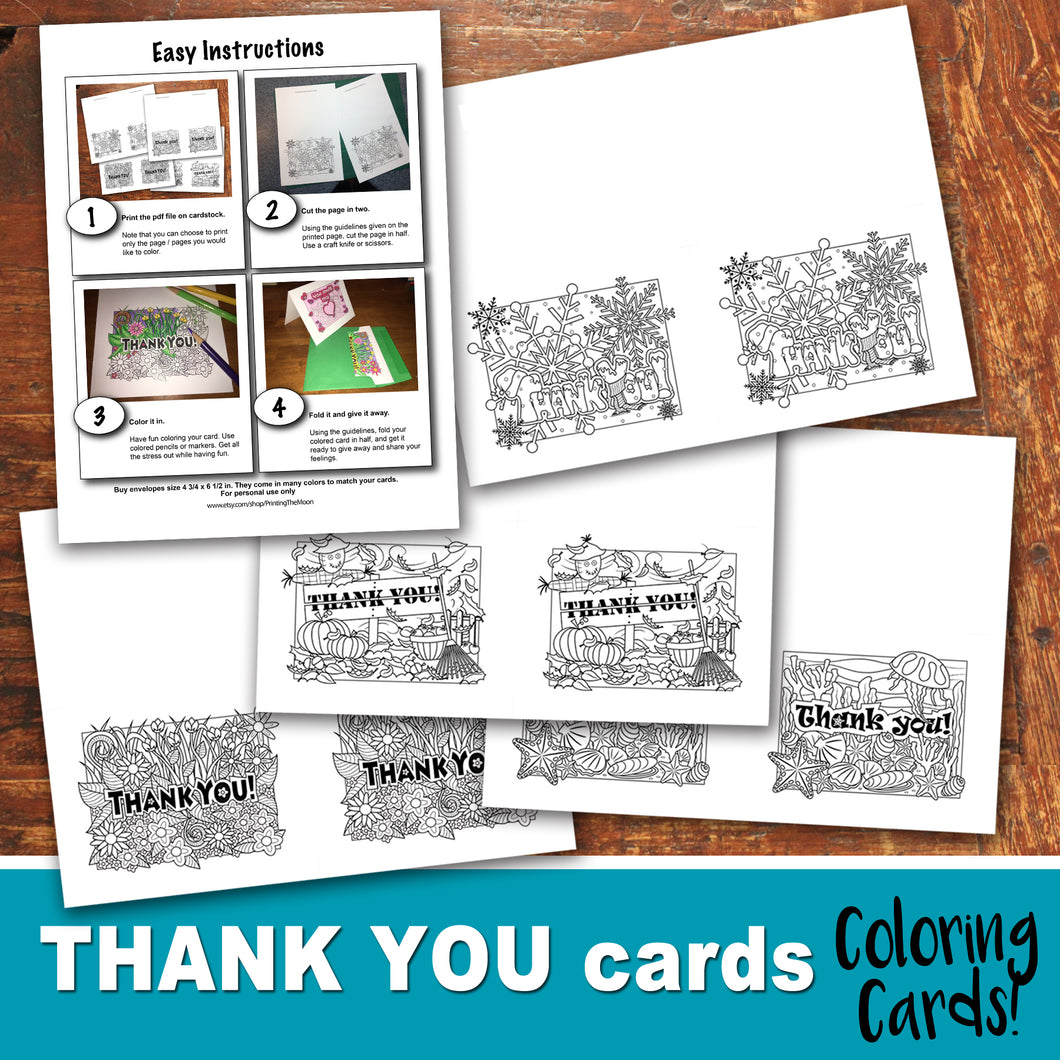 THANK YOU Cards - Color In - Coloring Seasons Cards- PDF file - Instant Download