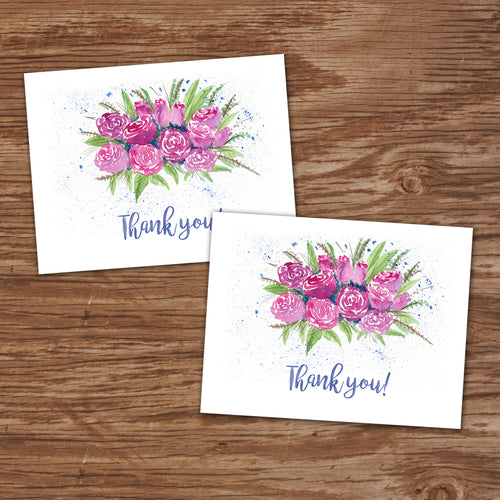 WATERCOLOR FLOWERS - THANK YOU Cards - Set of 4